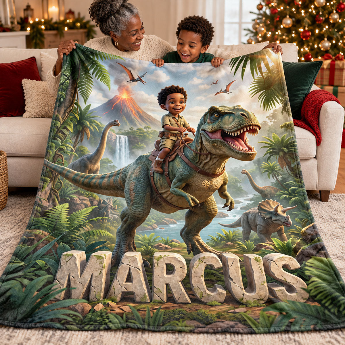 Kid Riding Dinosaur Custom Portrait from Photo - Personalized Fleece Blanket - Christmas Gift for Son, Daughter, Grandkids