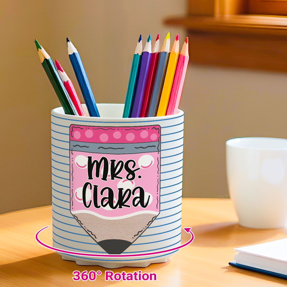 Custom Pencil Notebook Teacher Personalized Rotating Pen Holder, Back to School Gift for Teacher