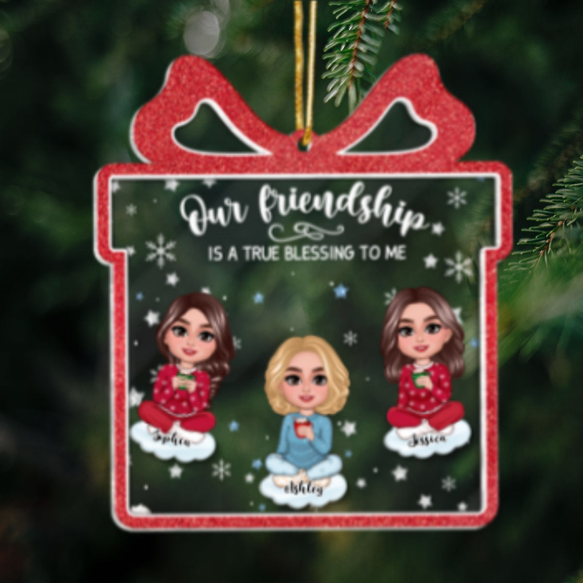 Our Friendship Is True Blessing Gift Shaped Personalized Shaker Ornament, Christmas, Christmas Gift For Friends