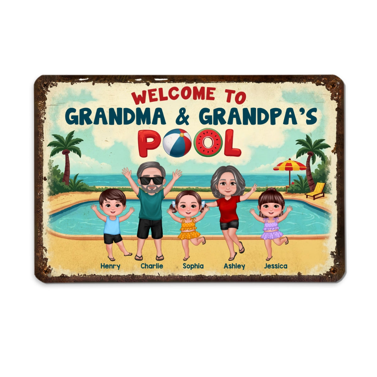 Summer Vibe Welcome To Grandpa Grandma Grandparents Pool Personalized Metal Sign
