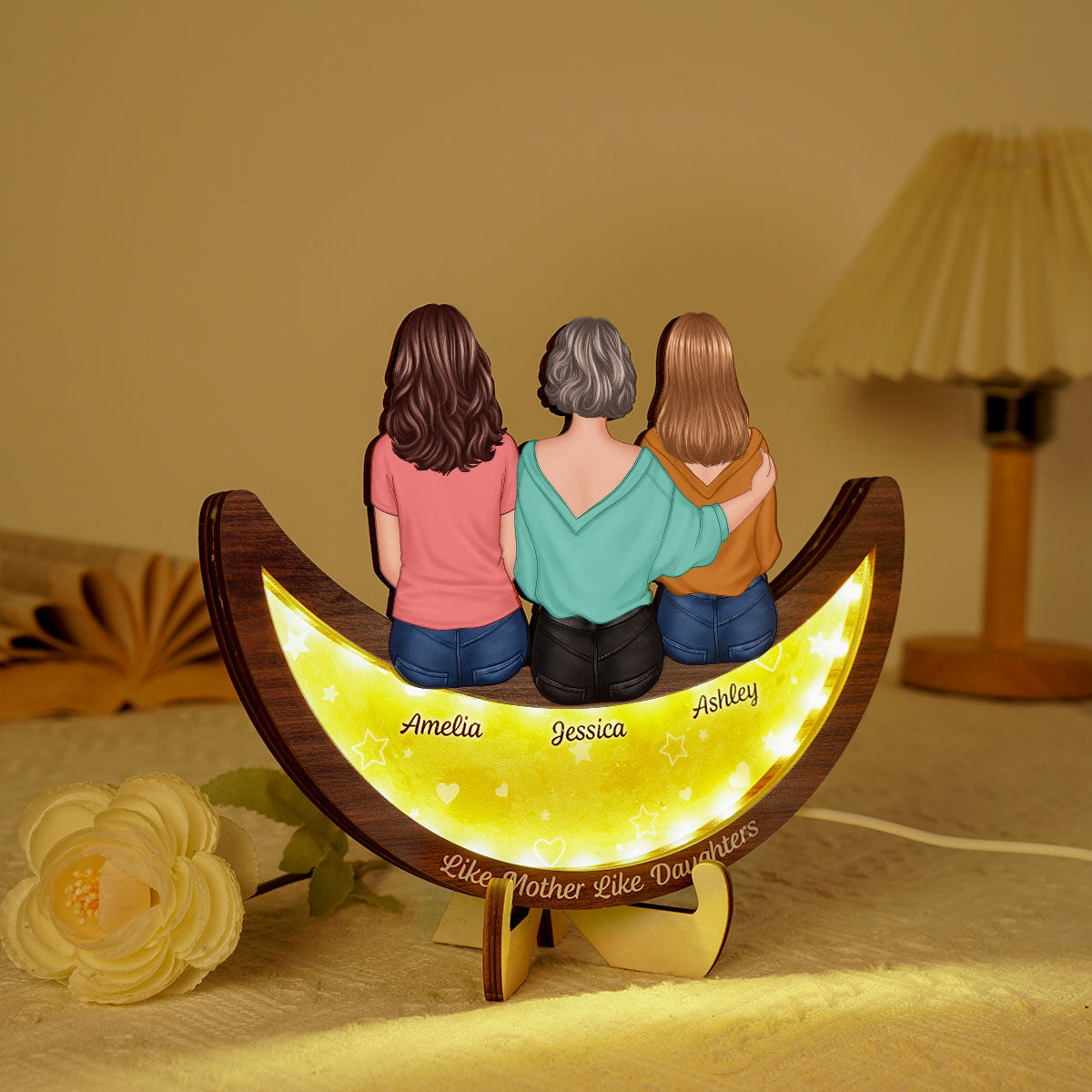Mother Daughters Sitting On Moon Personalized 2-Layered Wooden Plaque With LED, Mother's Day gift for Mom for Daughters