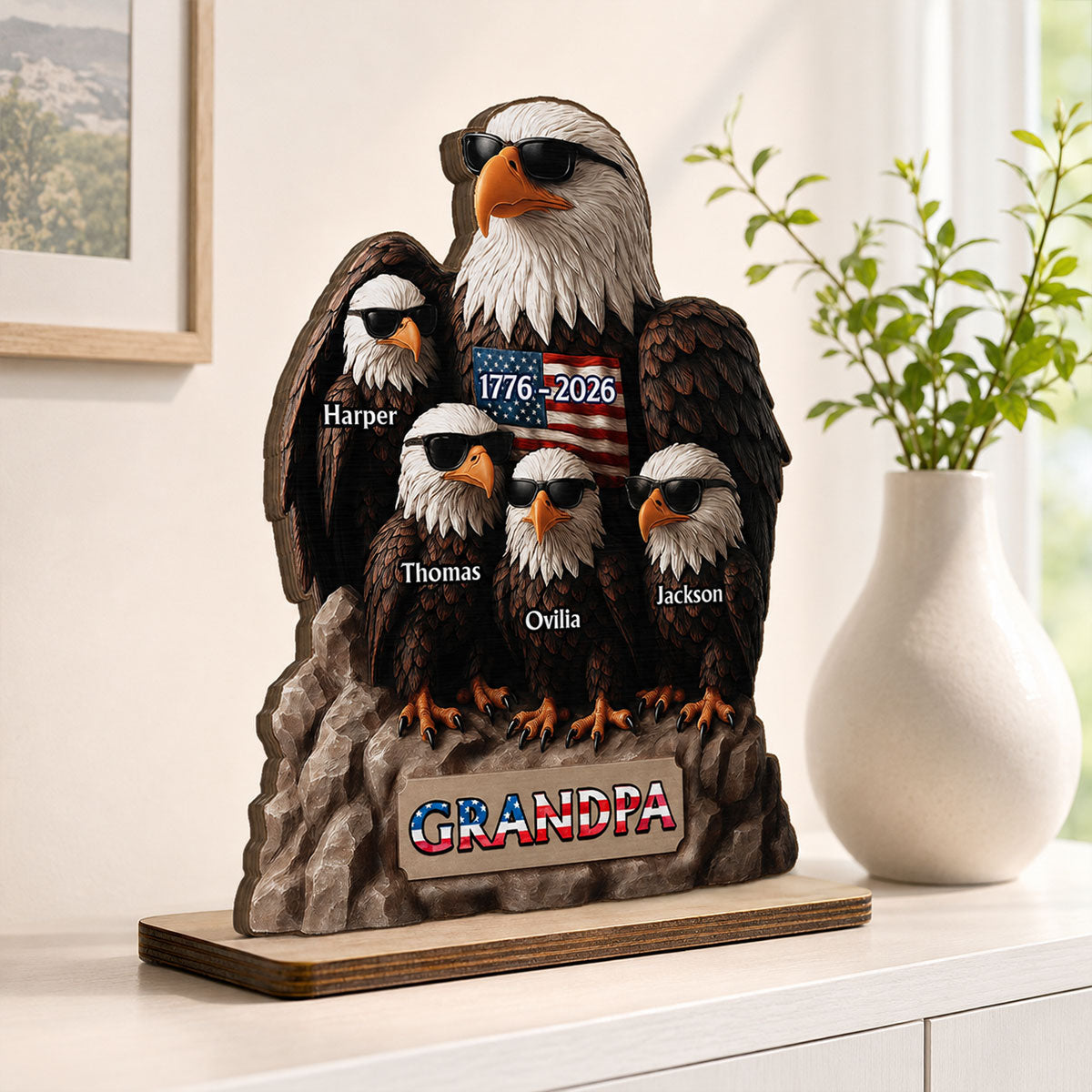 America 250th Anniversary Patriotic Eagle Grandpa Dad & Kids - Personalized 2-Layered Wooden Plaque - Father's Day Gift, 250th Anniversary Gift, Keepsake For Grandpa, Dad