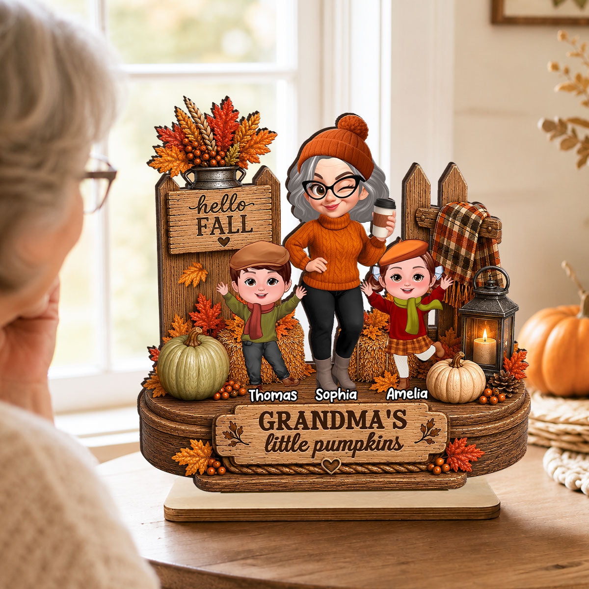Hello Fall Grandma's Little Pumpkins - Personalized 2-Layered Wooden Plaque - Cozy Fall Decor for Grandma