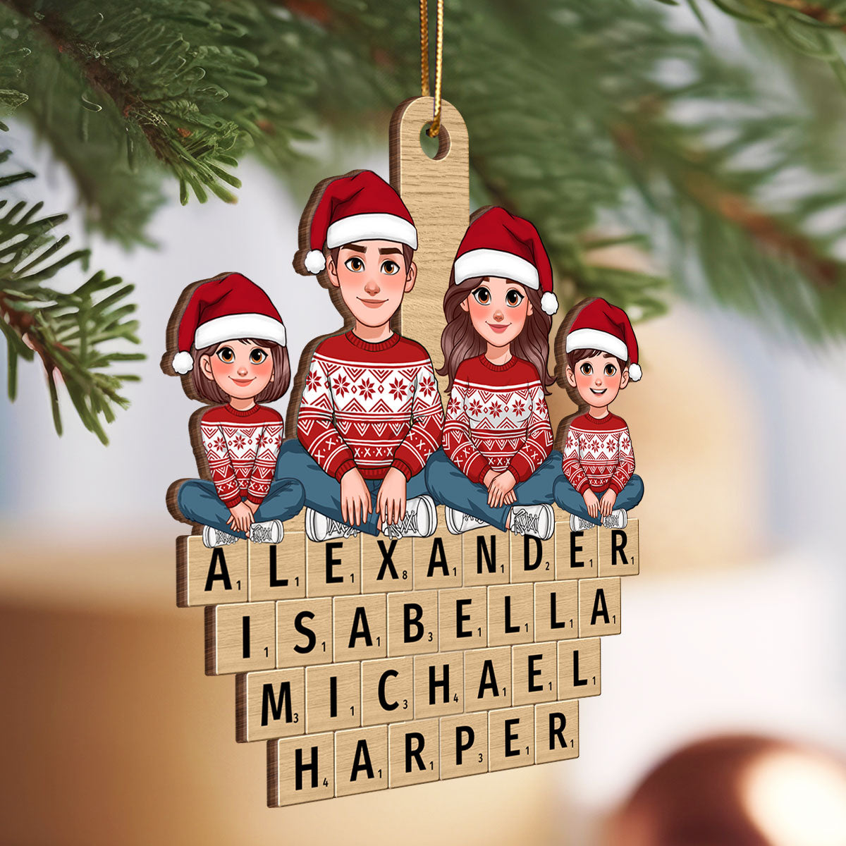Animated Family Sitting On Wooden Blocks Names Personalized Wooden Ornament, Christmas Gift For Family