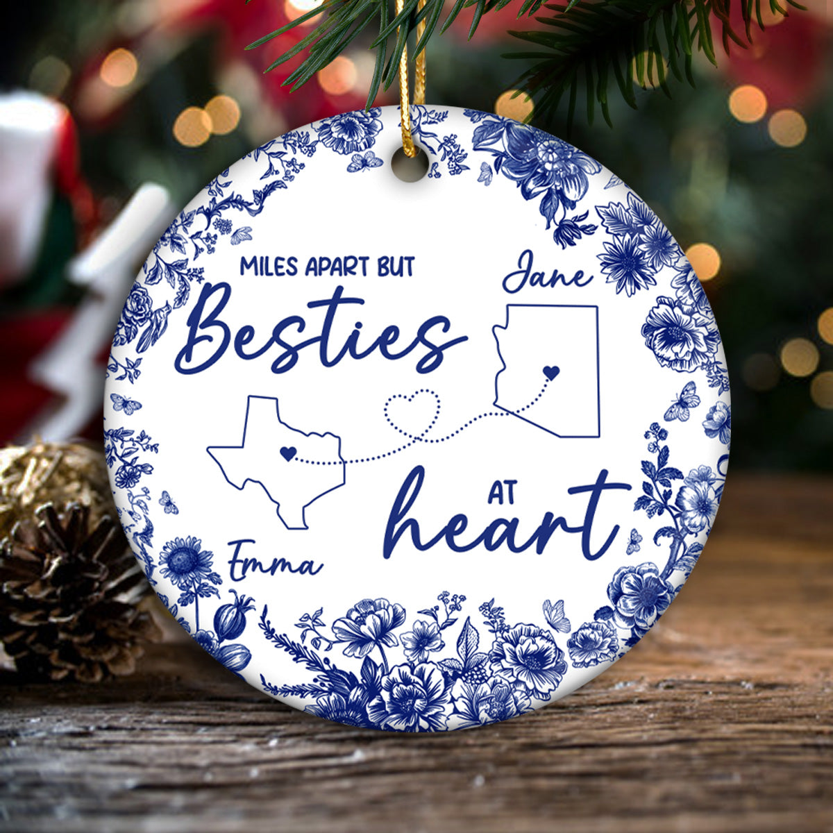 Chinoiserie Pattern Long Distance Besties Personalized Ceramic Ornament
