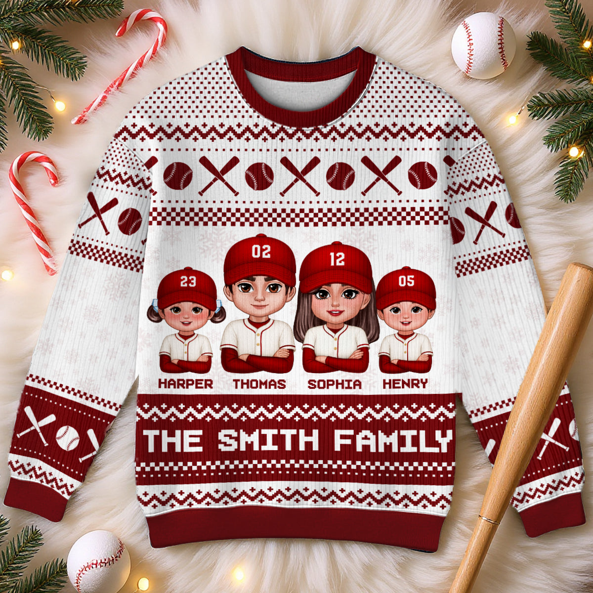Christmas Baseball Family Personalized Faux Knitting Ugly Sweater