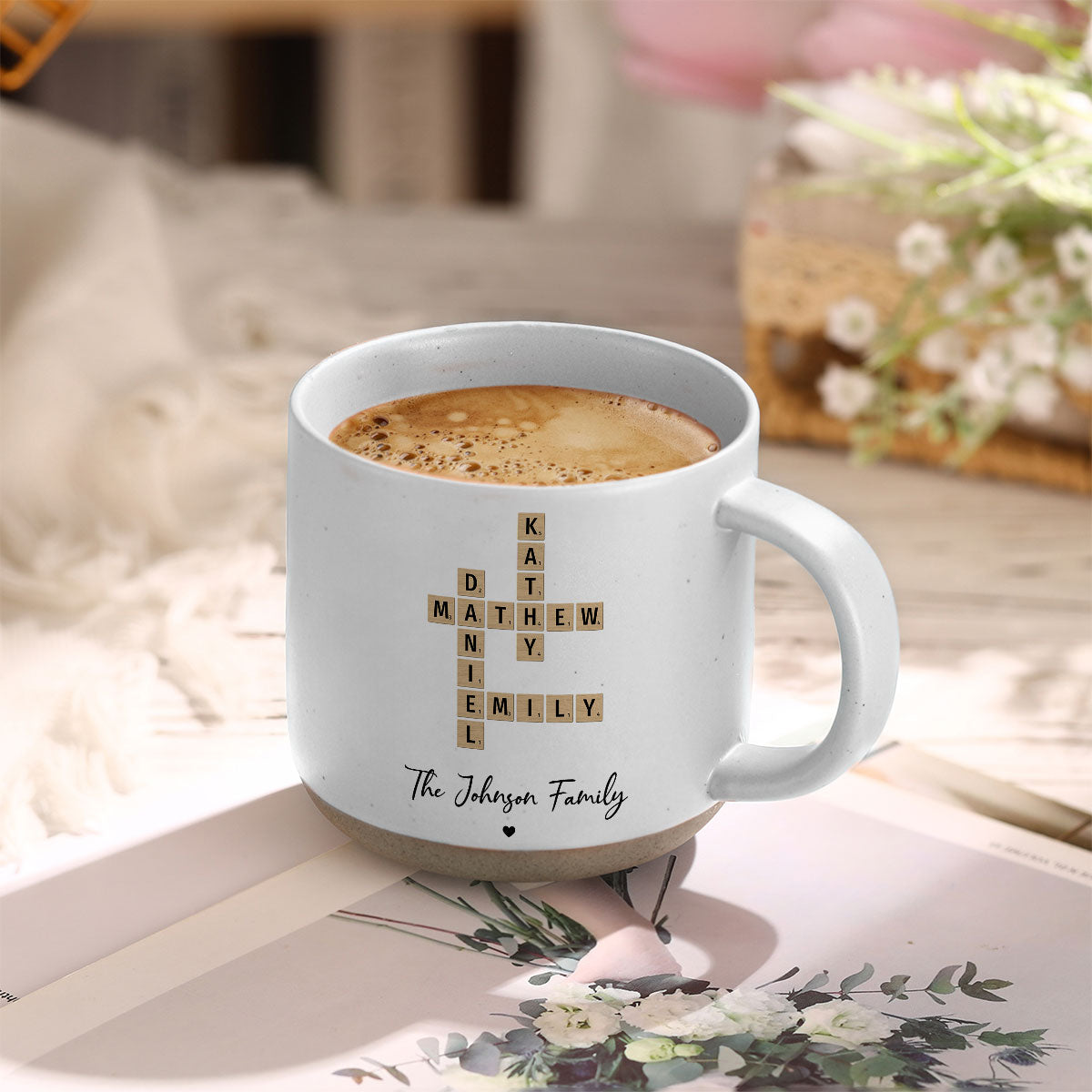 Family Crossword Art Personalized Pottery Mug, Unique Gift For Siblings, For Family