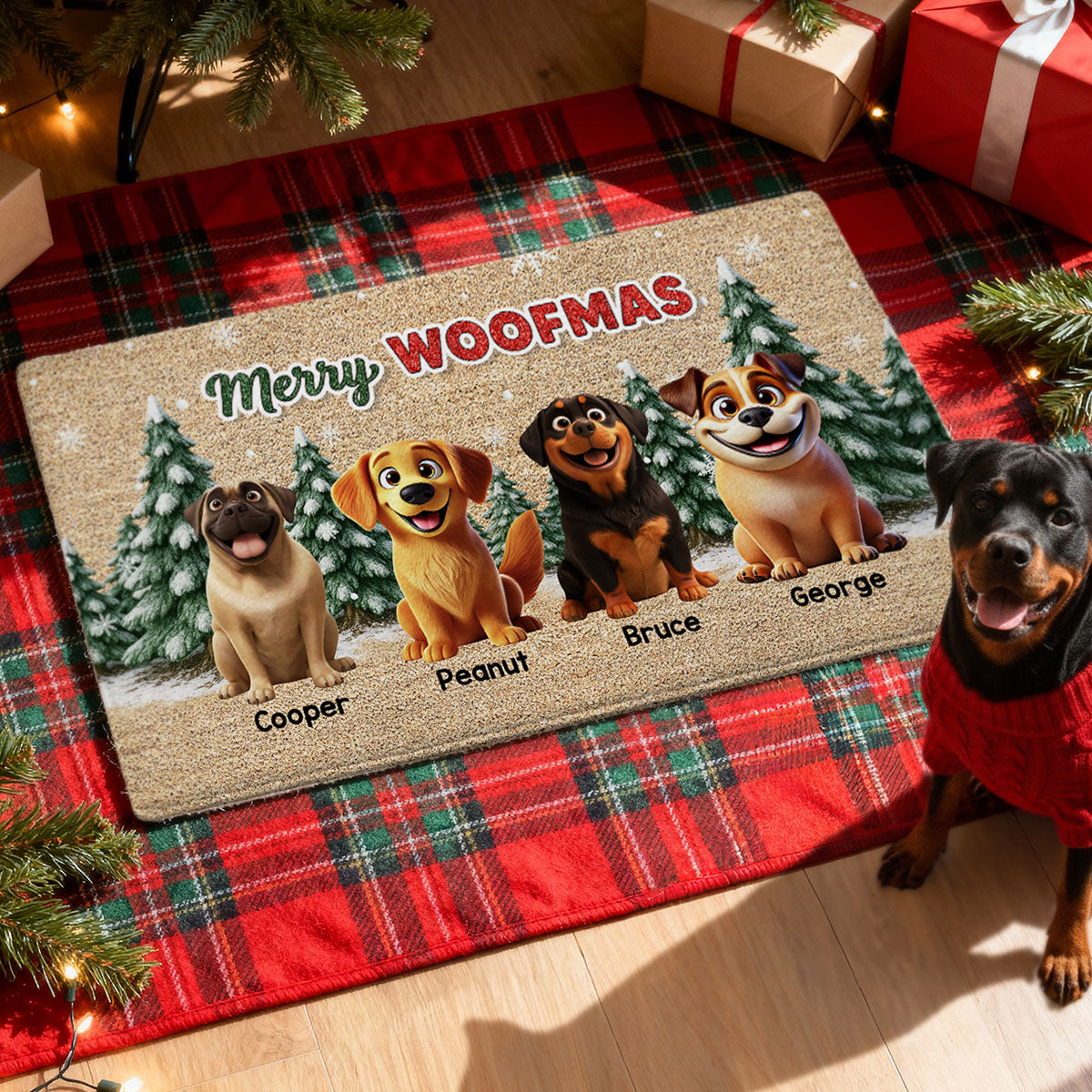 3D Effect Snowy Christmas Tree Beautiful Dog Merry Woofmas Christmas - Personalized Doormat