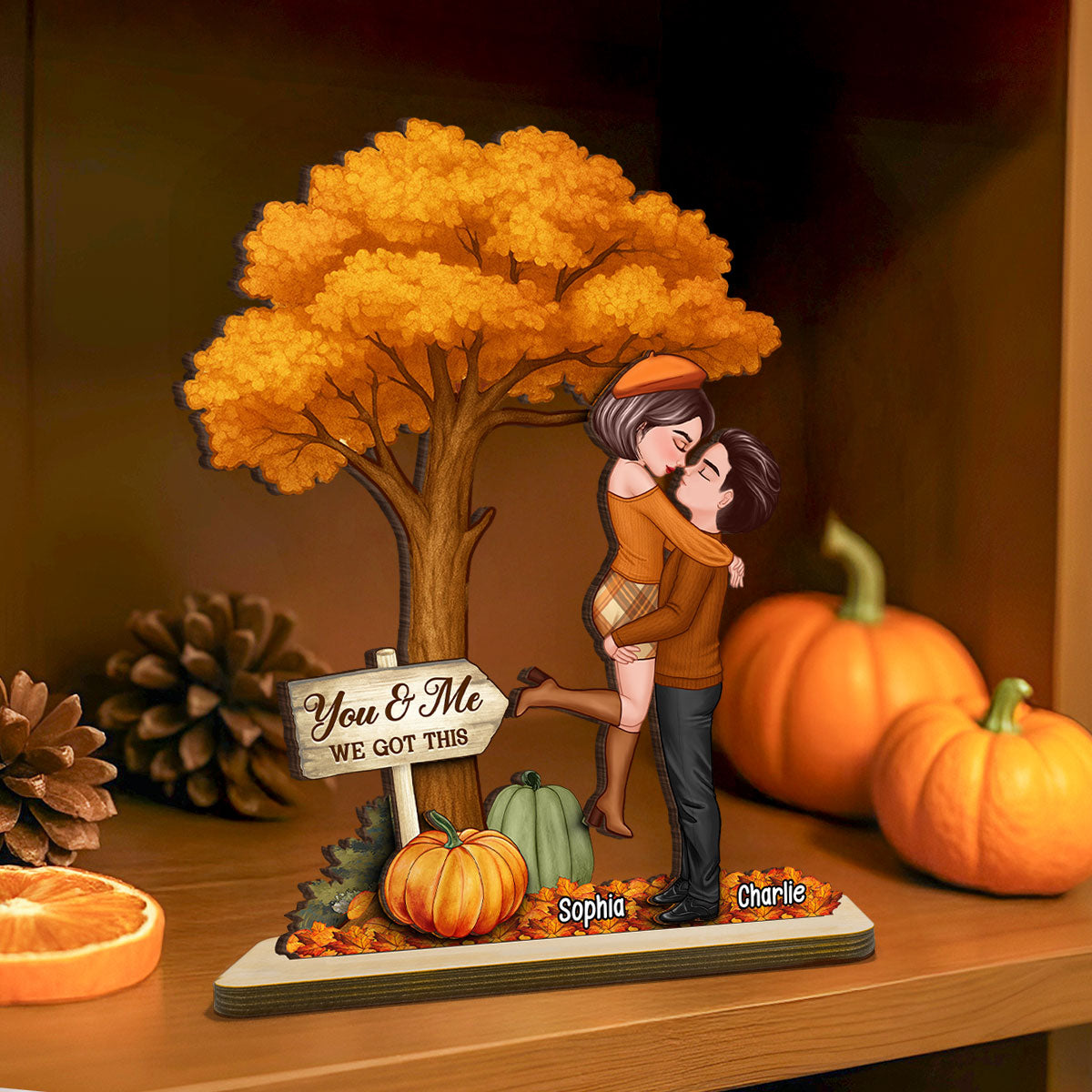 Fall Season Couple Hugging Kissing Under Tree Personalized Standing Wooden Plaque