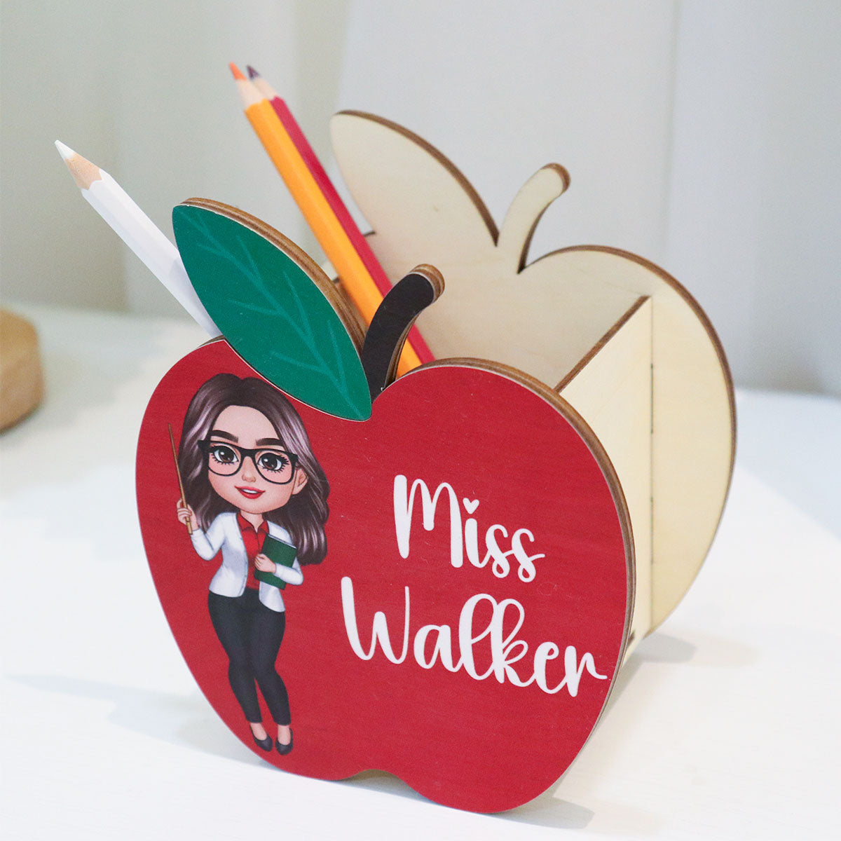 Happy Doll Teacher Personalized Apple Shaped Pen Pencil Holder, Office Decor for Teacher