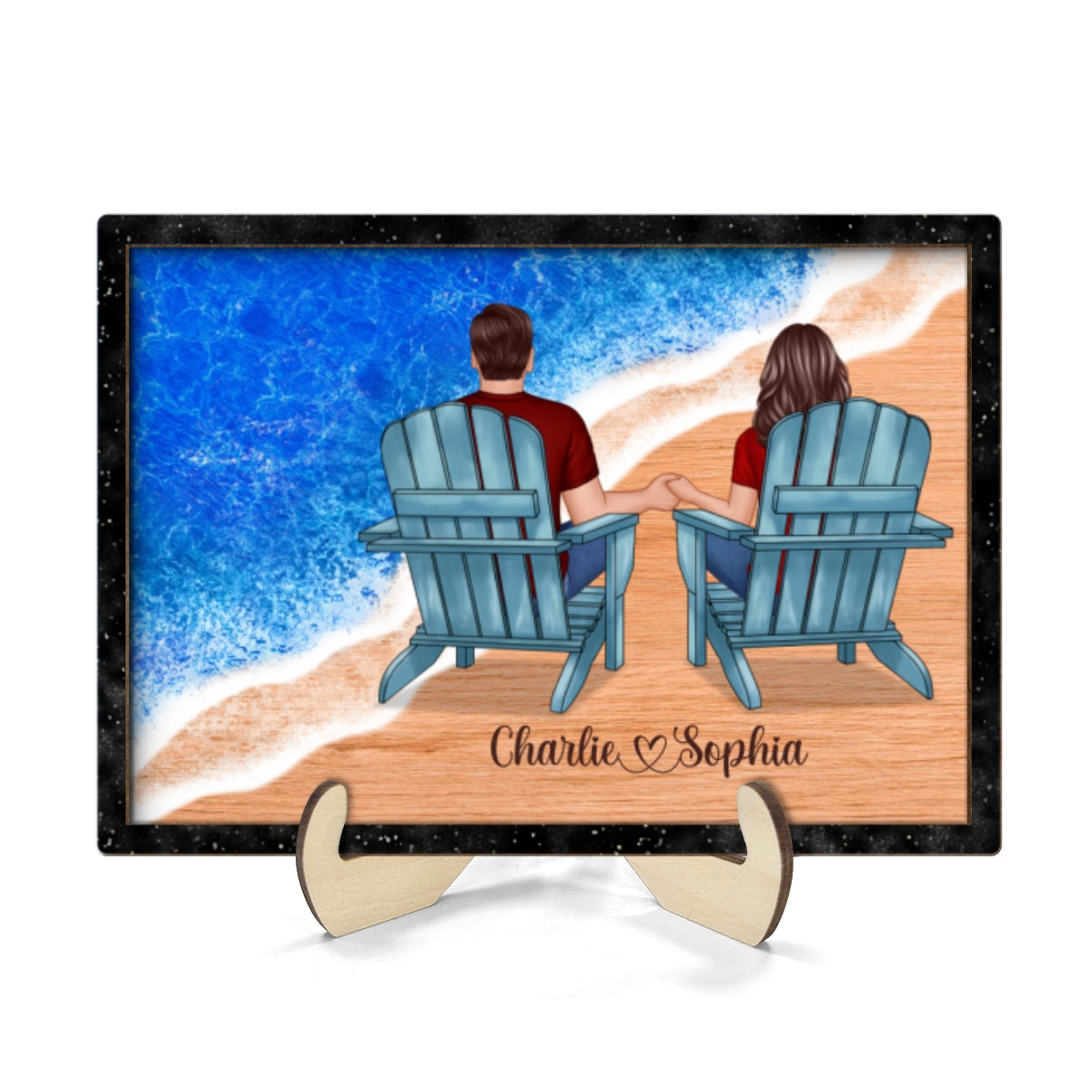Couple Sitting On The Seaside Personalized 2-Layer Wooden Plaque
