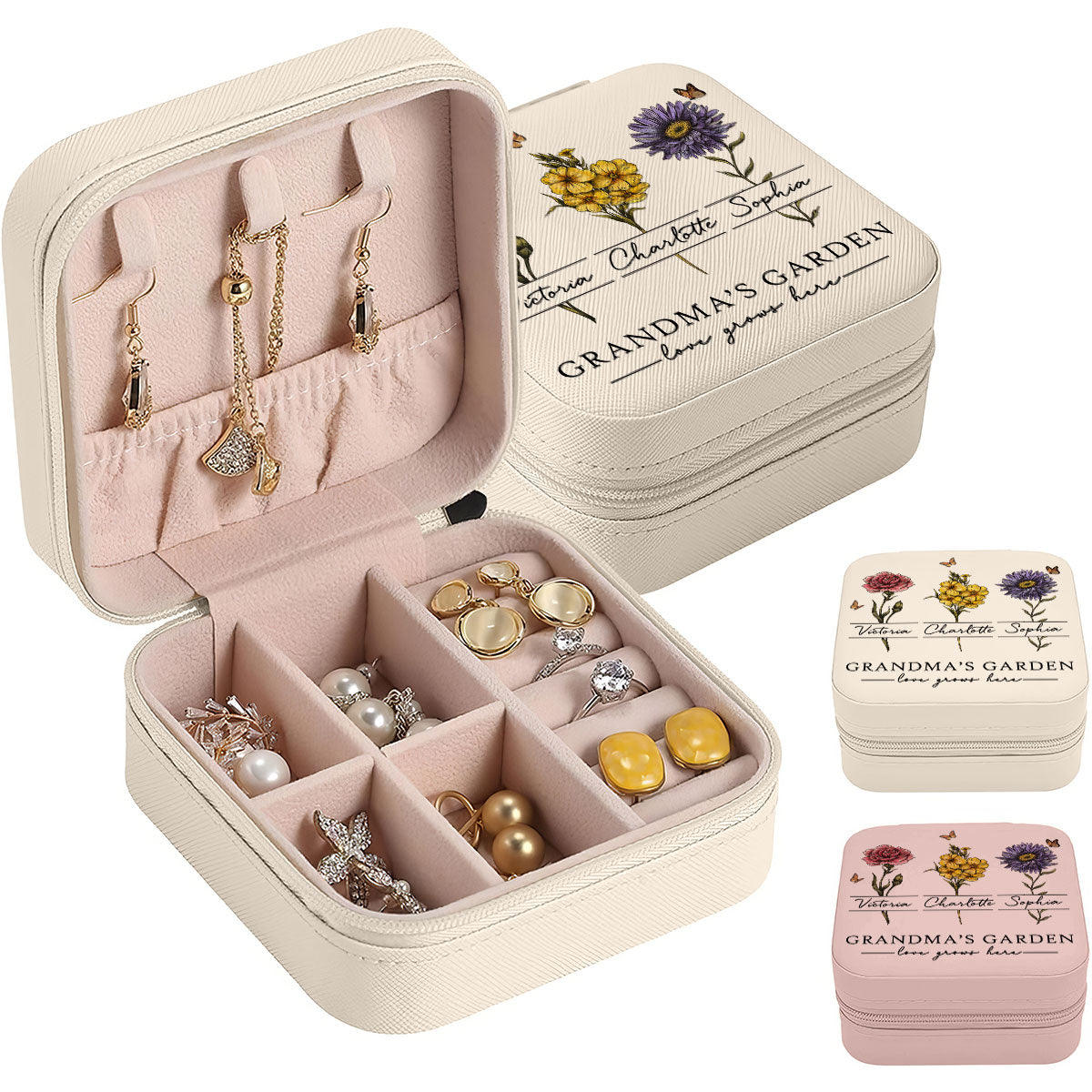 Vintage Grandma's Garden Love Grows Here Beautiful Birth Month Flower Personalized Jewelry Box, Gift For Grandma, Mom