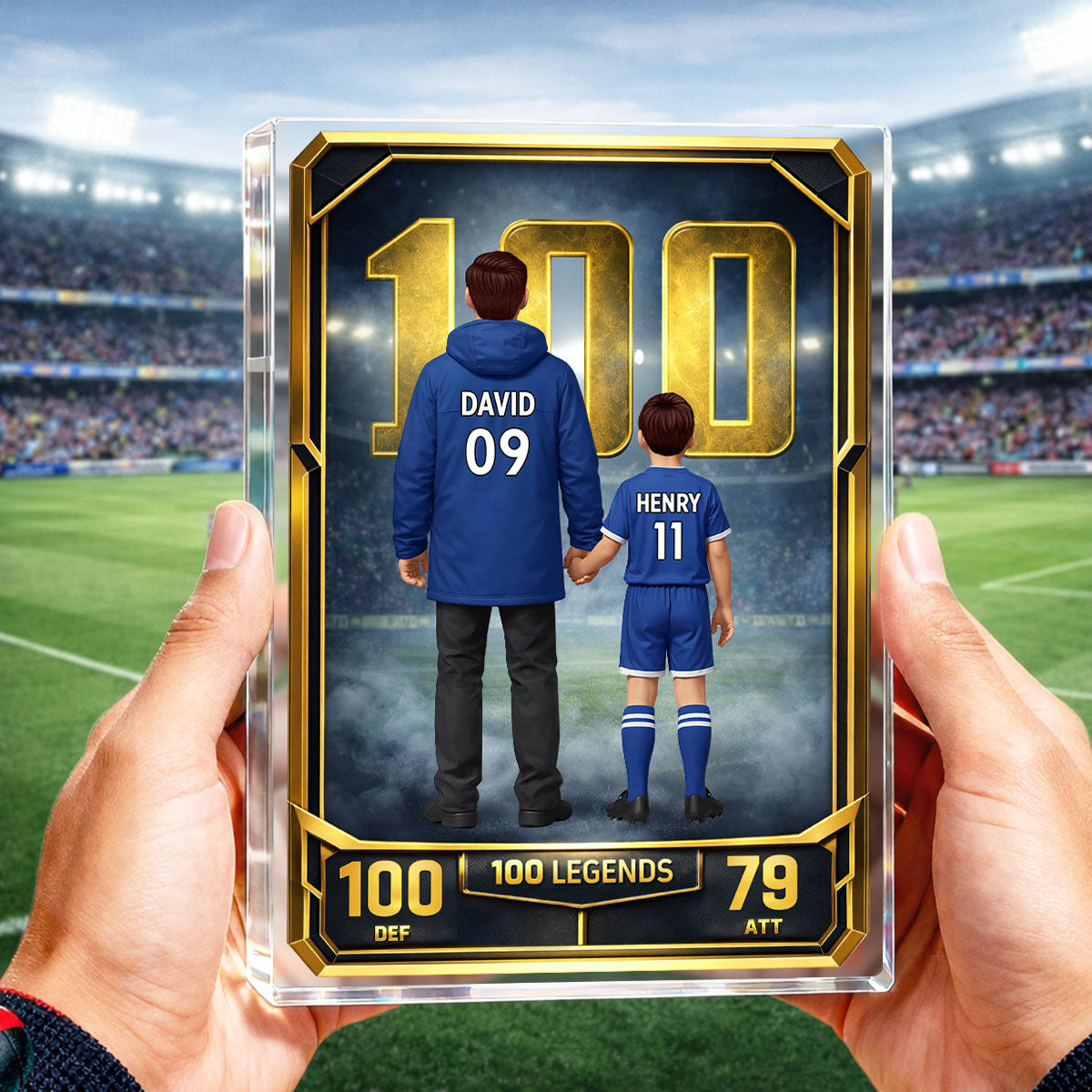 Father And Kids 100 Legends Trading Card - Personalised Acrylic Block Plaque - UK Father's Day Gift For Football Dad