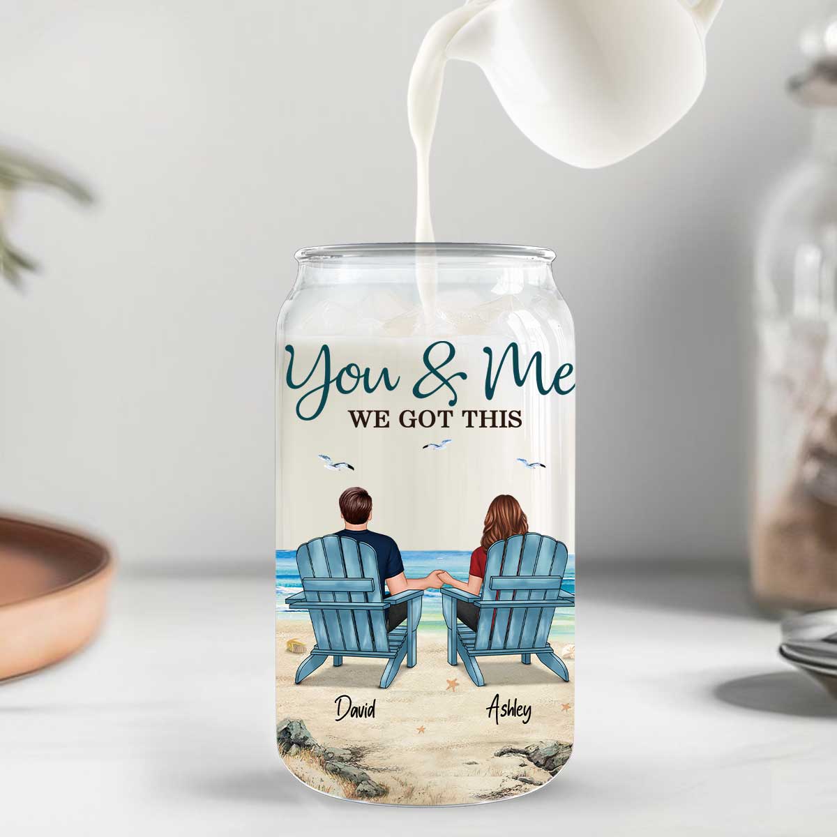 Back View Couple Sitting Beach Landscape Personalized Clear Glass Can