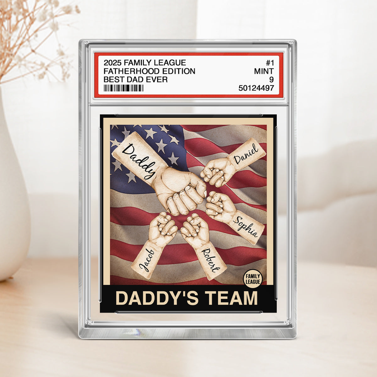 Daddy's Team Dad & Kids Fist Bumps Trading Card Style Personalized Acrylic Block Plaque