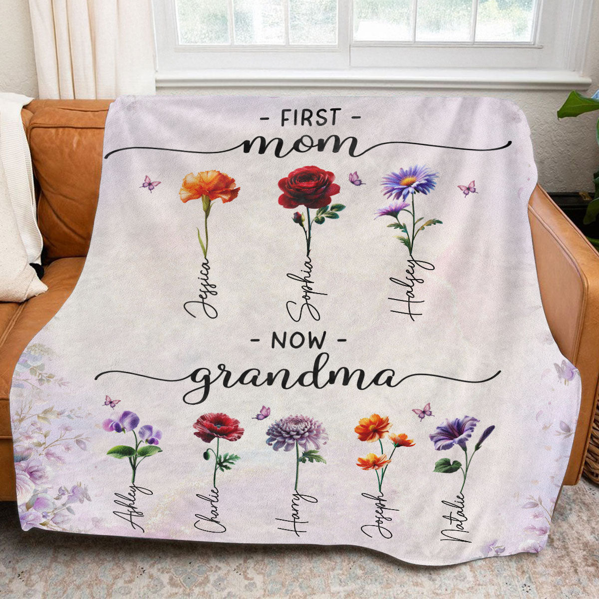 First Mom Now Grandma Beautiful 3D Effect Birth Month Flowers Personalized Fleece Blanket