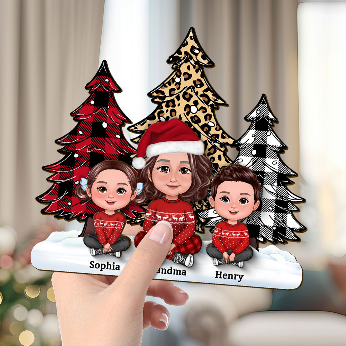 Leopard Checkered Pattern Christmas Tree Grandma Grandkids Personalized 2-Layer Standing Wooden Plaque