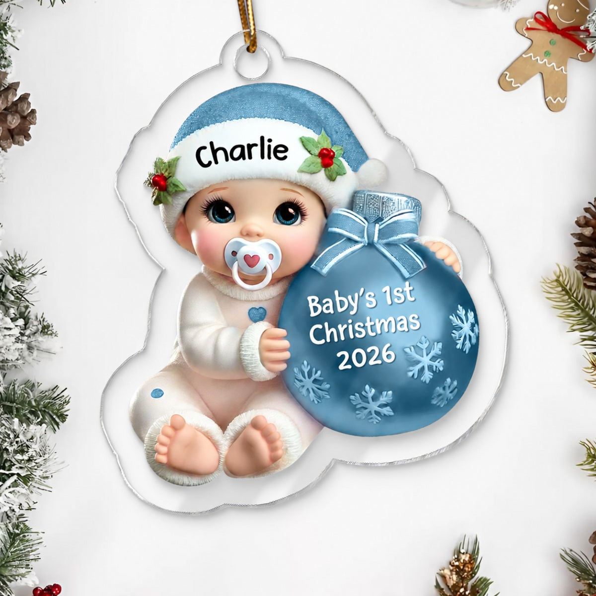 Baby Beside Christmas Bauble 3D Effect Baby's First Christmas Personalized Acrylic Flat Ornament