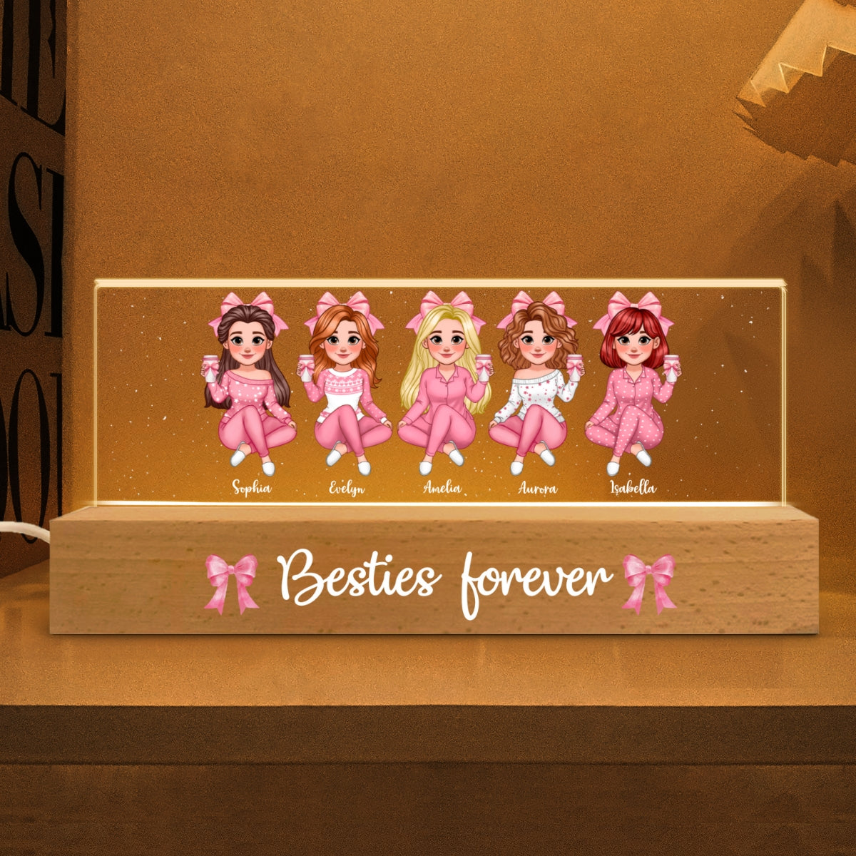 Coquette Animated Pink Besties Personalized Acrylic Block LED Night Light, Gift For Best Friends