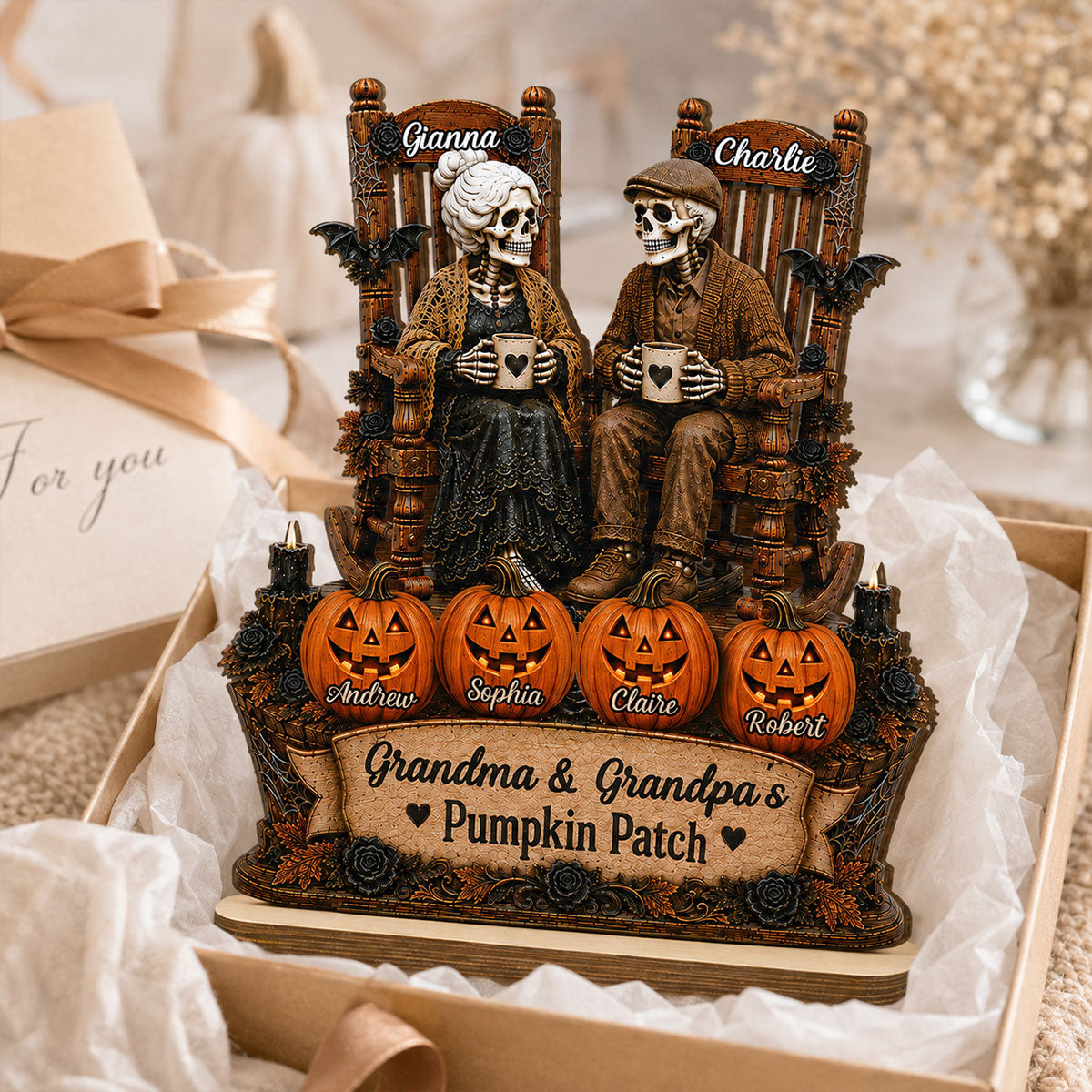 Grandma Grandpa Skeleton Pumpkin Patch 2D Flat - Personalized Wooden Plaque - Halloween Gift