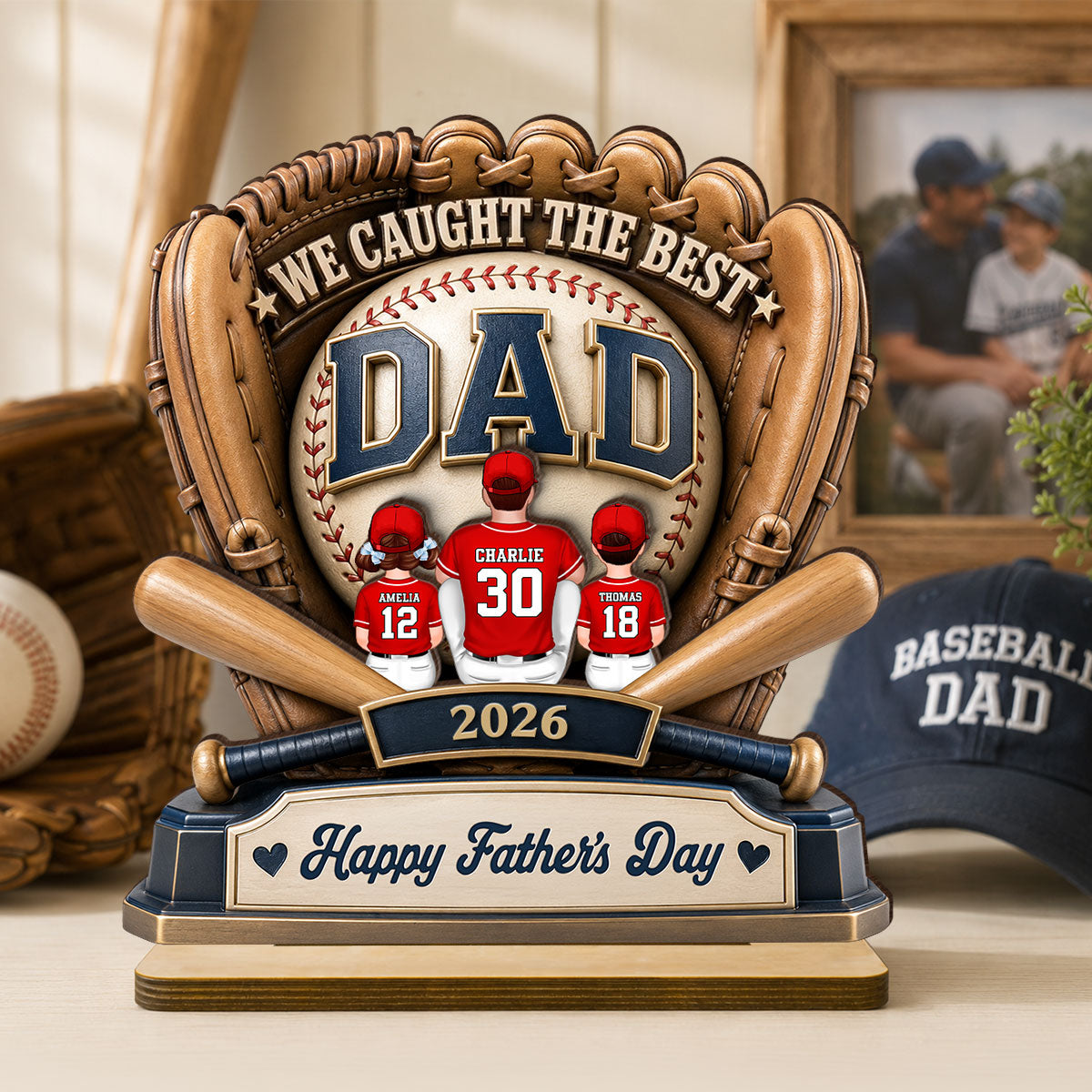 Dad's Greatest Catch Baseball - Personalized 2-Layered Wooden Plaque - Father's Day Gift For Dad, Husband