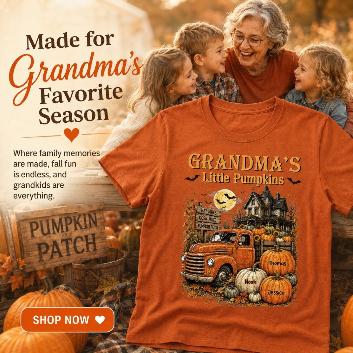 Retro Vintage Farmhouse Halloween Town Style Grandma's Little Pumpkins Truck - Personalized Shirt - Halloween Gift For Grandma
