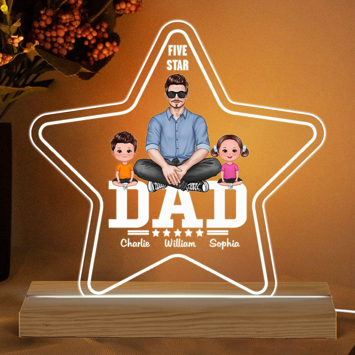 Five - Star Dad Real Man And Kids Sitting Personalized Custom Shape Acrylic LED Night Light