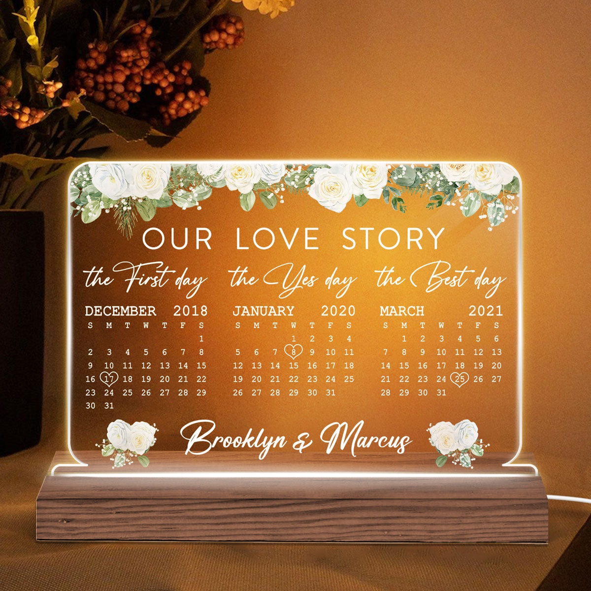 Our Love Story Anniversary Date Calendar Personalized Horizontal Rectangle Acrylic Plaque With LED Night Light - Anniversary Gift For Couple - Gift For Him, Gift For Her