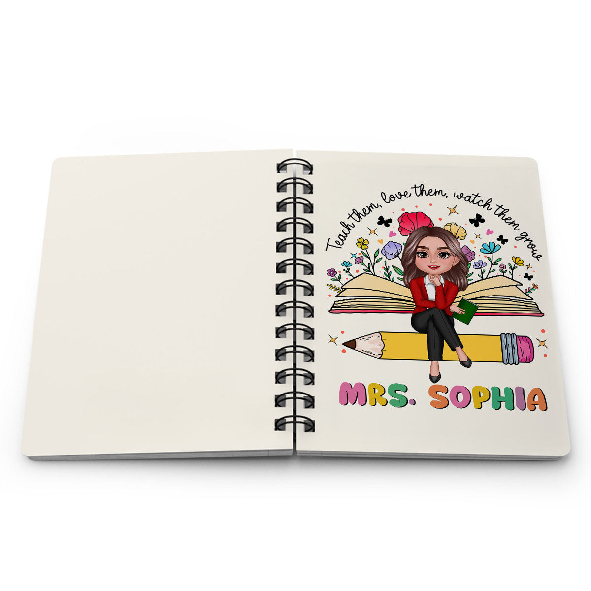 Teacher Teach Love Watch Them Grow Wildflowers Personalized Spiral Notebook Journal, Back To School Stationery