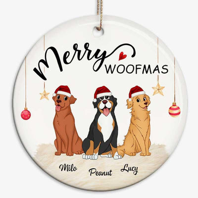 Cute Sitting Dogs Merry Woofmas Christmas Personalized Circle Ornament