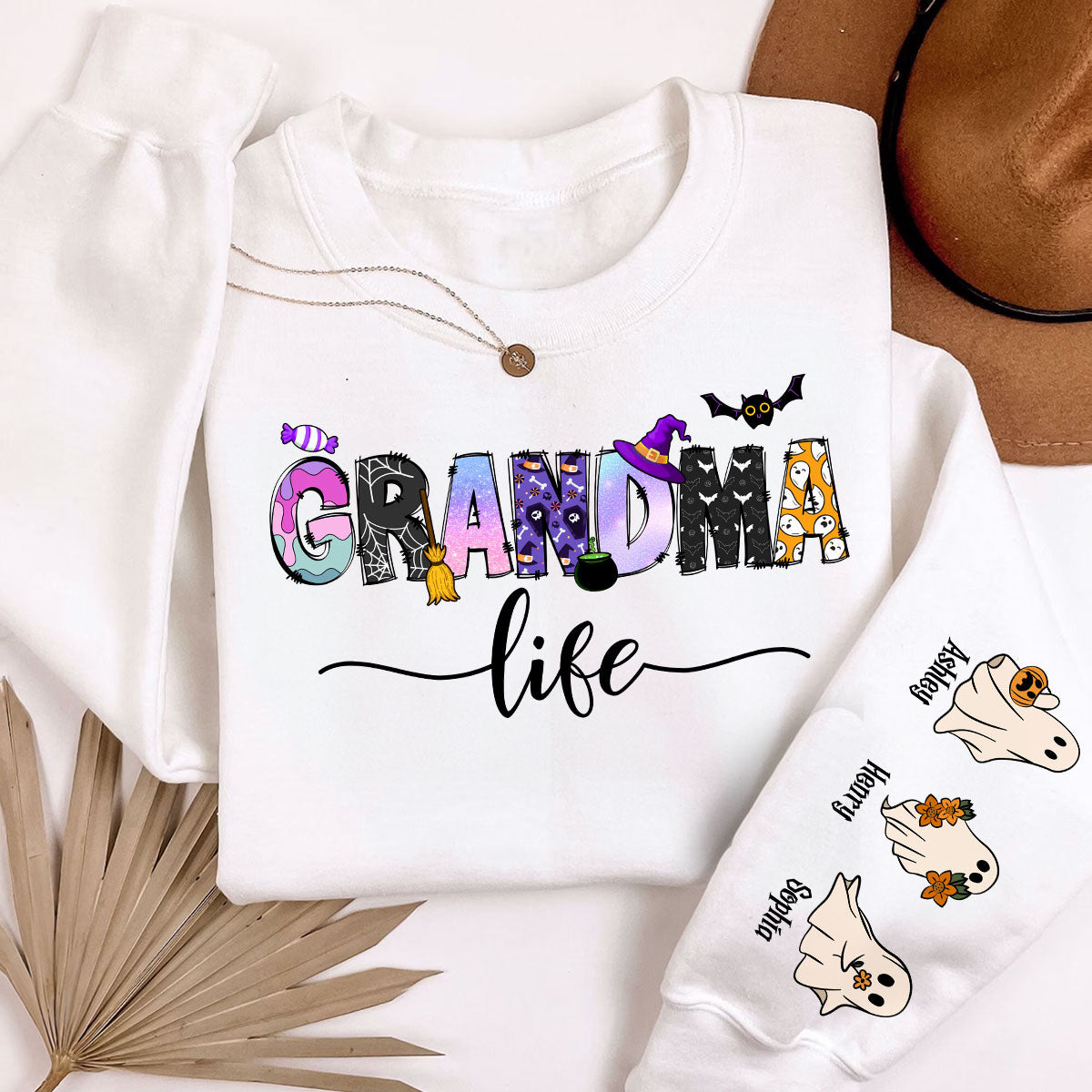 Halloween Grandma Nana Life Personalized Sleeve Printed Sweatshirt
