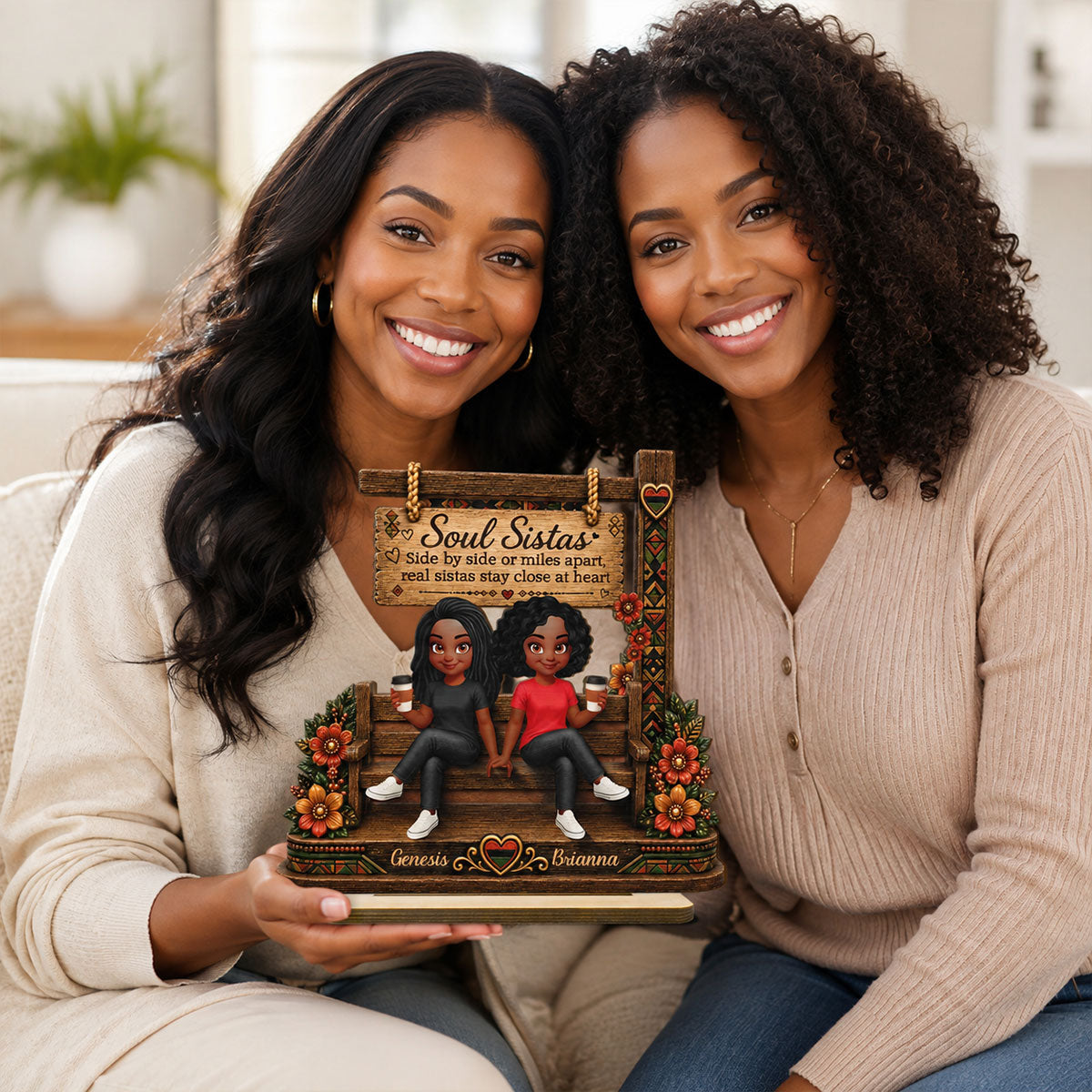 Soul Sistas Sitting Under Sign Post 2D Flat Printed - Personalized 2-Layered Wooden Plaque - Friendship Keepsake