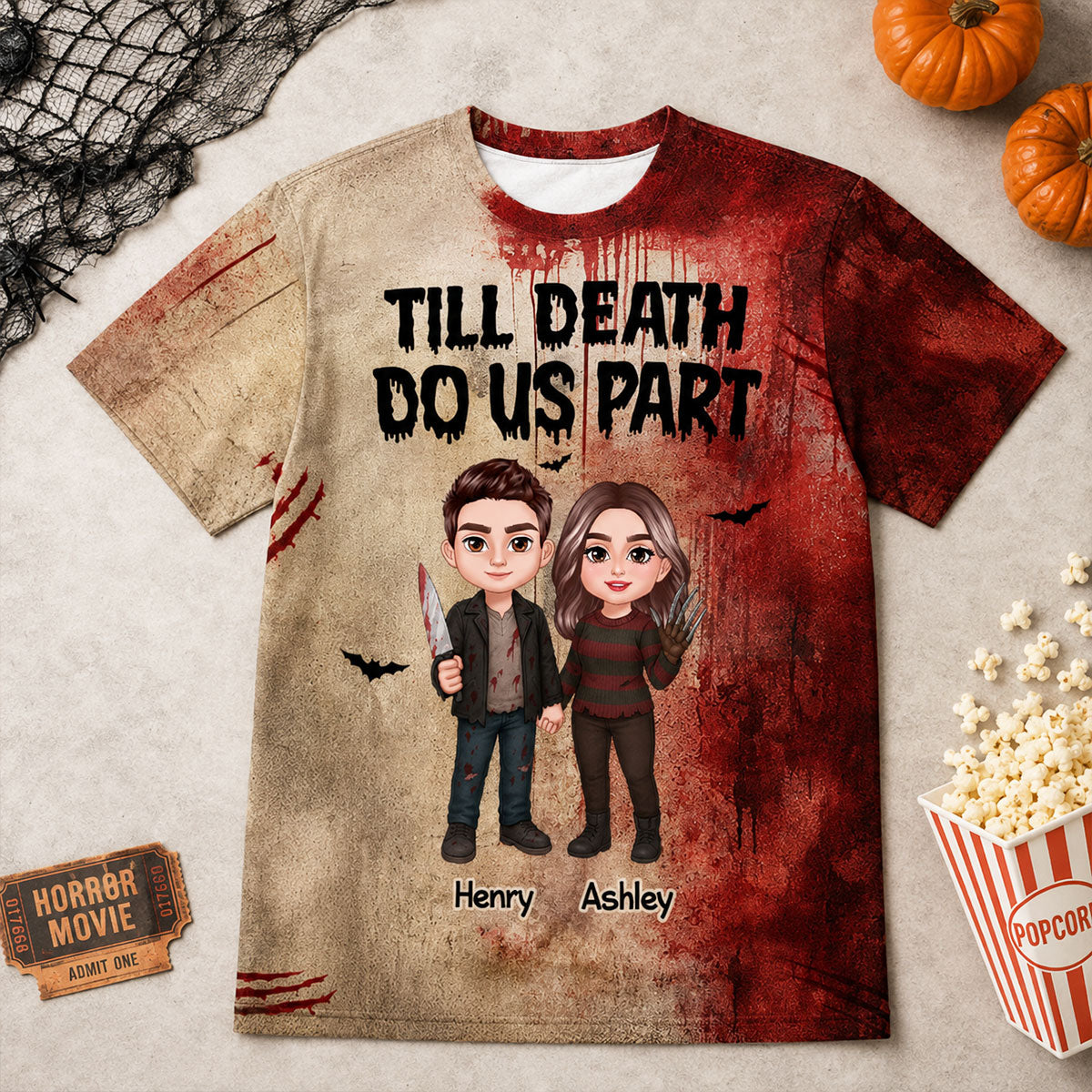 Halloween Horror Theme Couple Till Death Do Us Part - Personalized Shirt - Halloween Matching Shirts For Couple