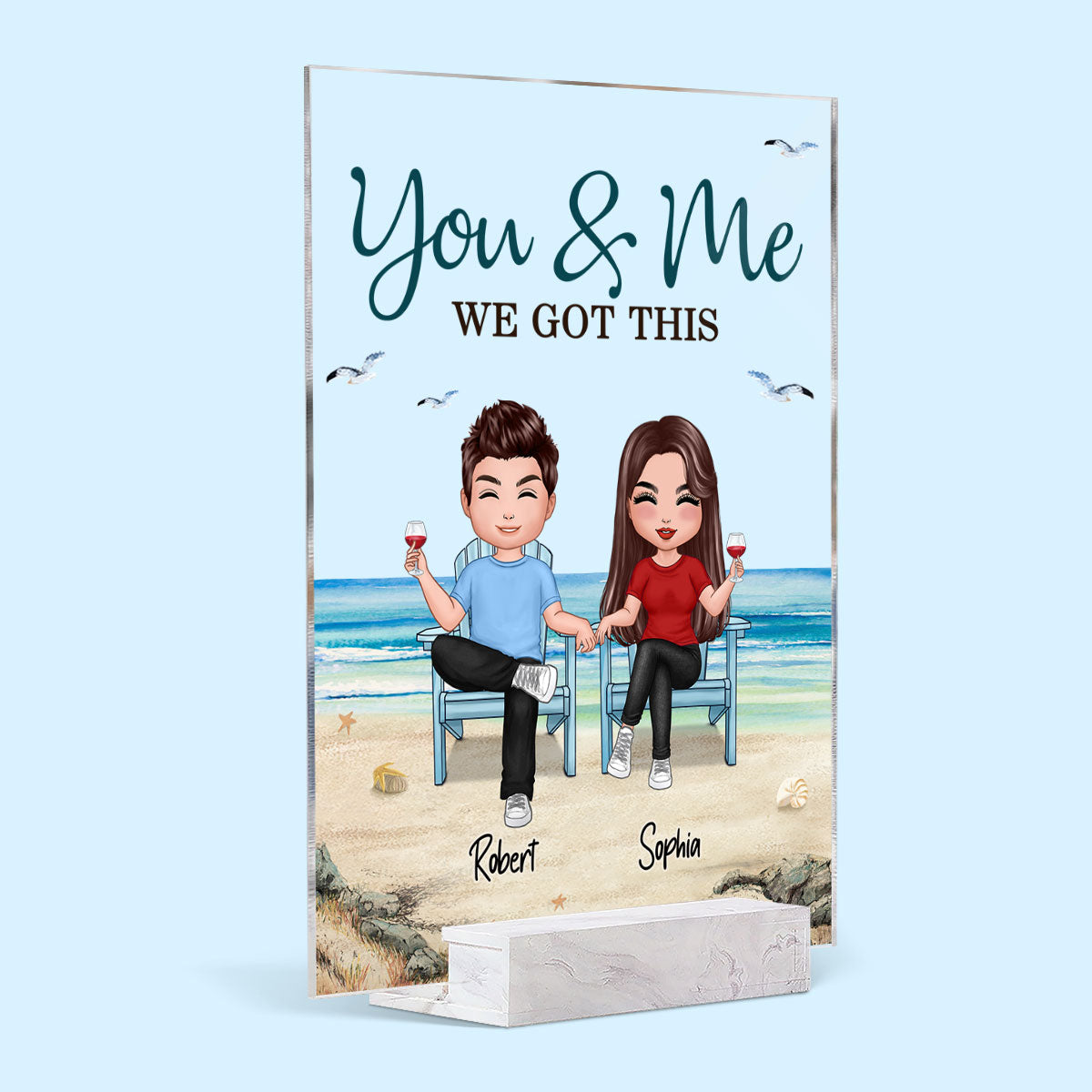 Front View Doll Couple Sitting Holding Hand Beach Landscape Personalized Acrylic Plaque