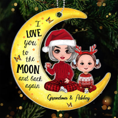 Doll Grandma & Grandkids On Yellow Moon Personalized Custom Shaped Acrylic Ornament