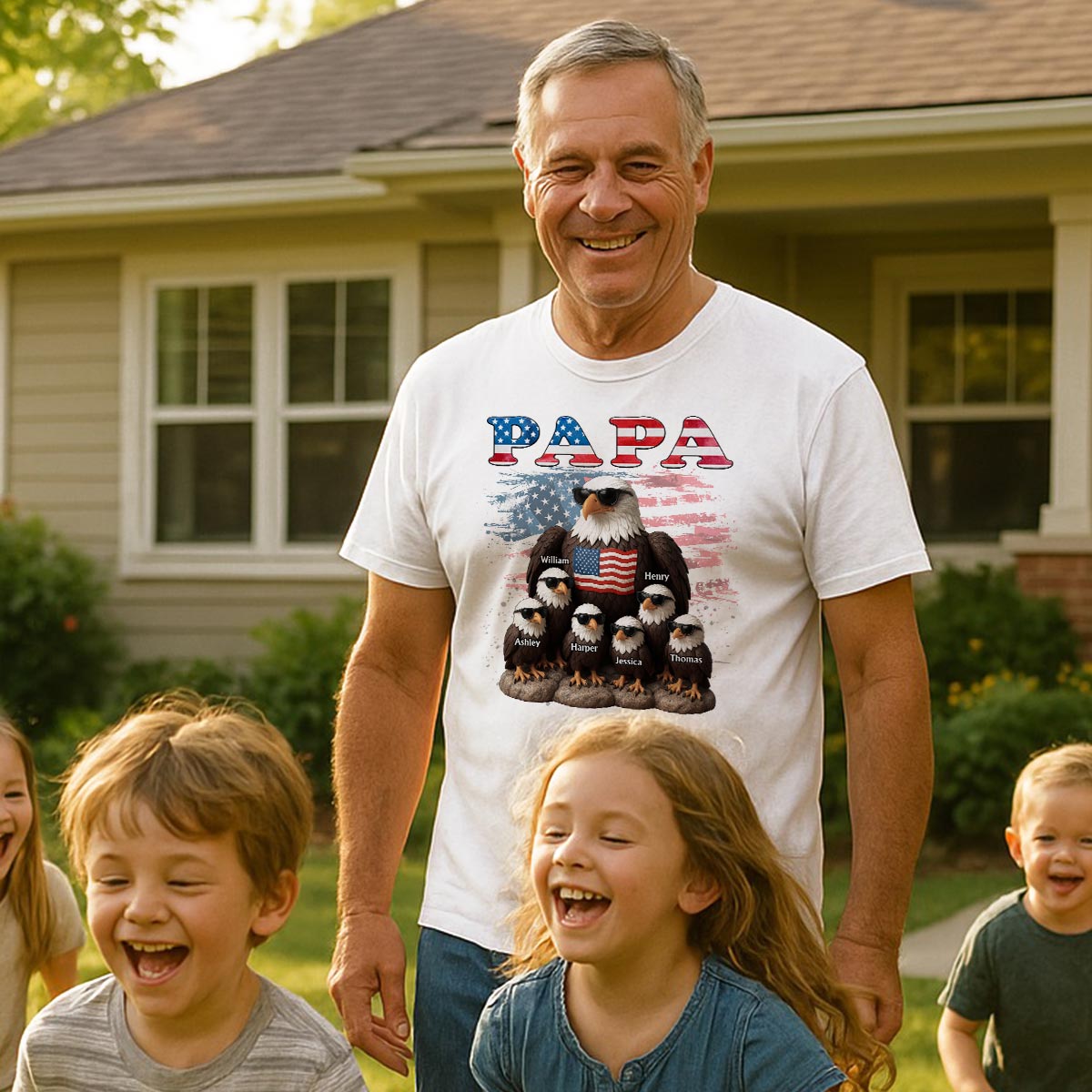 Patriotic Eagle Grandpa Dad & Kids 3D Effect Personalized Shirt, Gift For Dad Grandpa