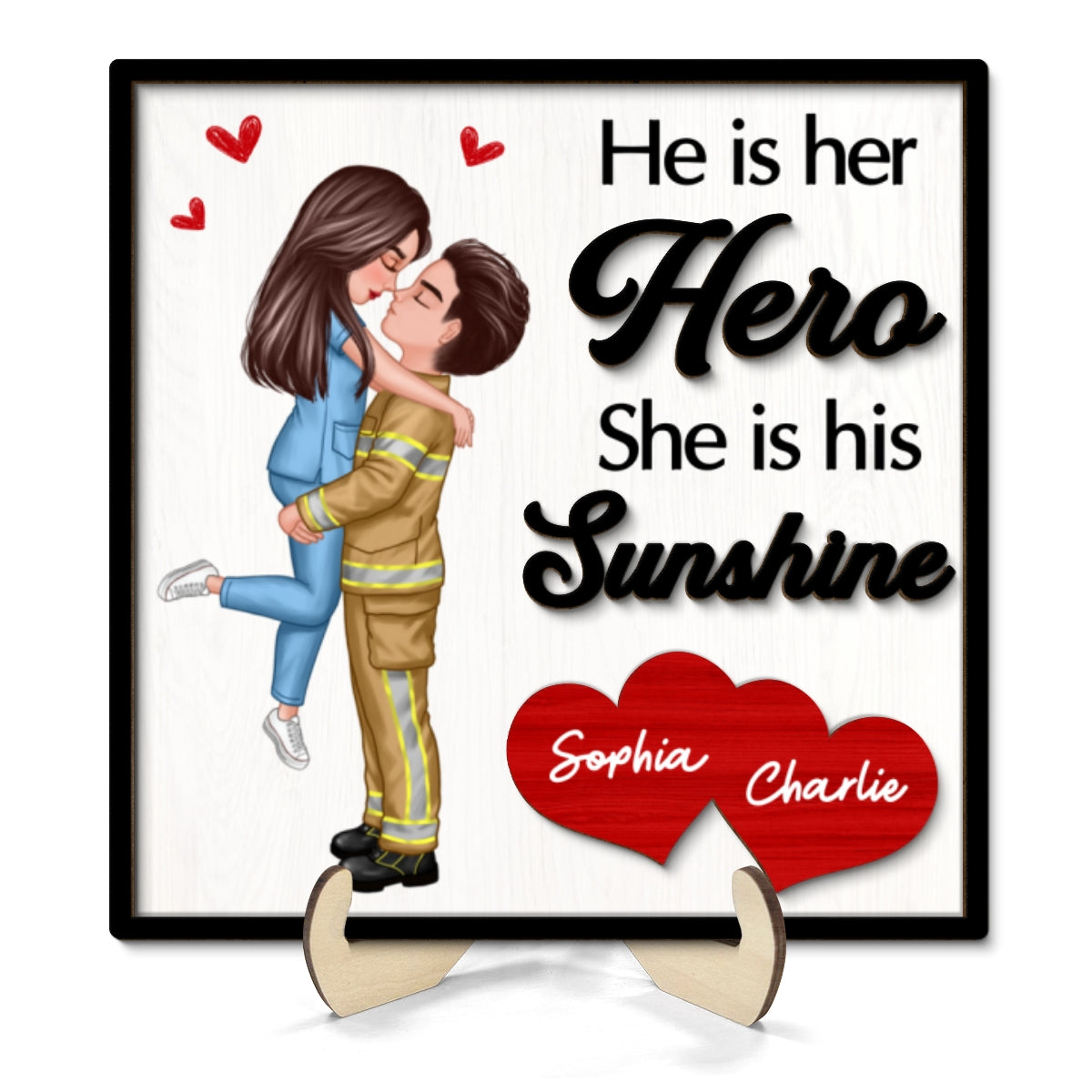 Her Hero His Sunshine Couple Valentine‘s Day Gifts by Occupation Gift For Her Gift For Him Firefighter, Nurse, Police Officer Personalized 2-Layer Wooden Plaque