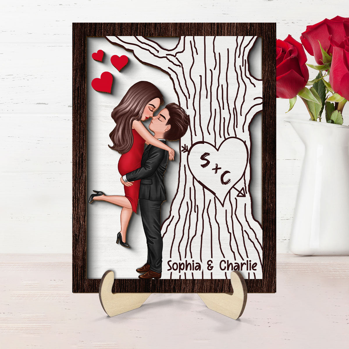 Heart Carved Tree Couple Initials Valentine‘s Day Gift For Her Gift For Him Personalized 2-Layer Wooden Plaque