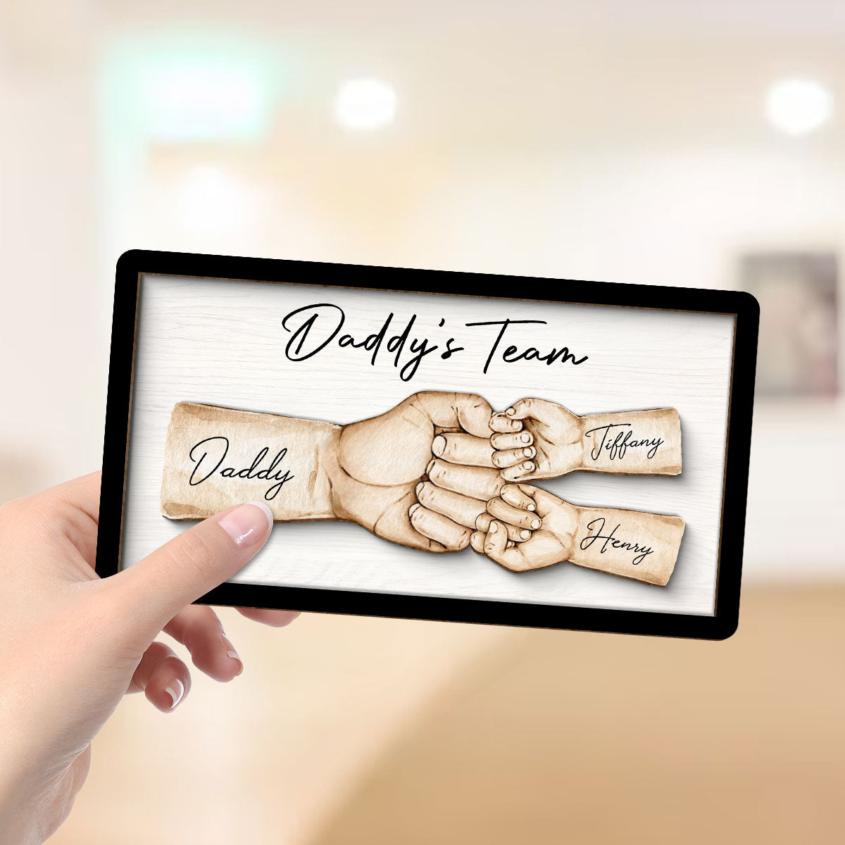 Daddy's Team Fist Bump Personalized 2-Layer Wooden Plaque, Unique Father's Day Gift for Dad, Gift for Husband