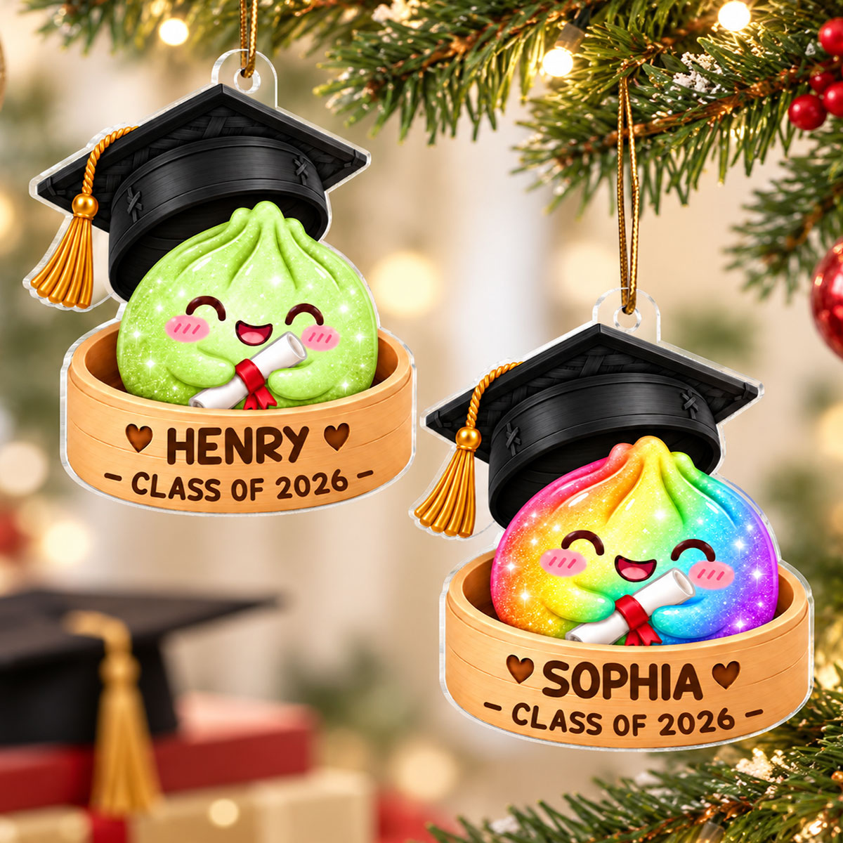 Cute Graduation Dumpling - Personalized Acrylic Ornament - Class of 2026 2027 - Christmas Gift For Boy, Girl, Grandkids