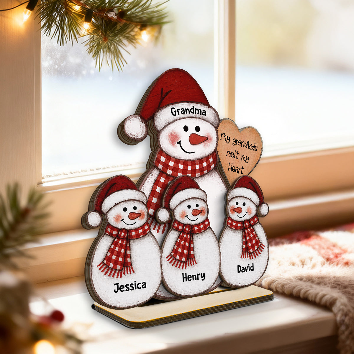 Folk Art Cute Snowman Grandma & Grandkid - Personalized 2-Layer Wooden Plaque - Christmas Decor
