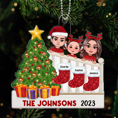 Family Peeking On Stairs Names On Stockings Personalized Acrylic Ornament
