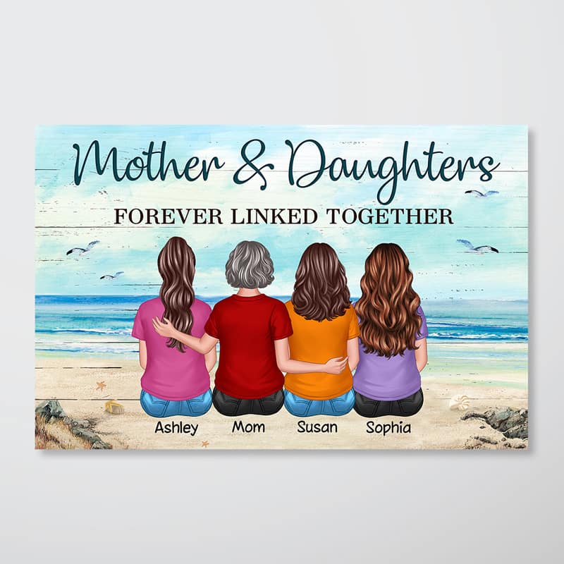 Back View Mother Daughters Sitting Beach Landscape Personalized Horizontal Poster