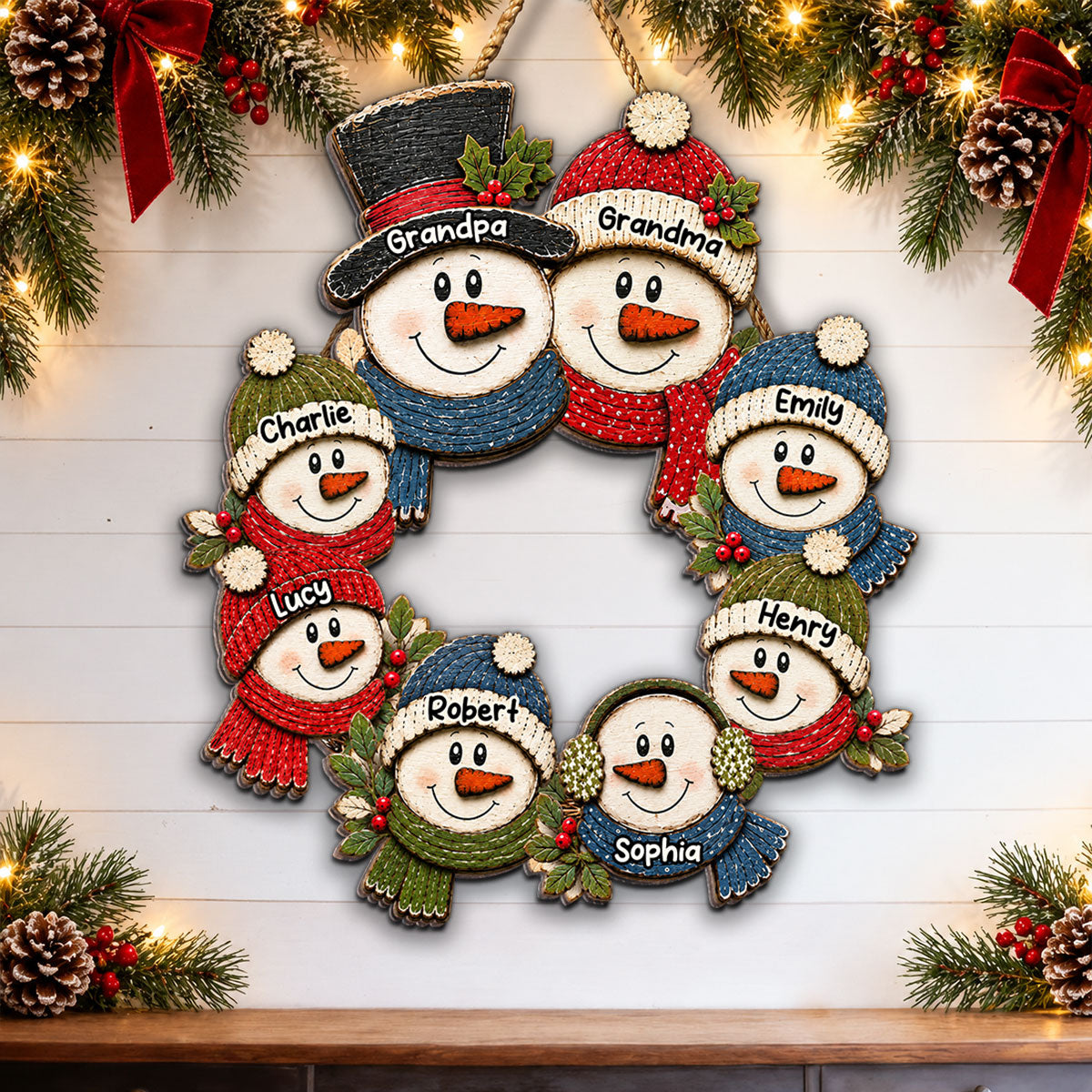 Grandpa Grandma Snowman Wreath - Personalized Wood Sign - Christmas Decoration For Porch, Window, Door