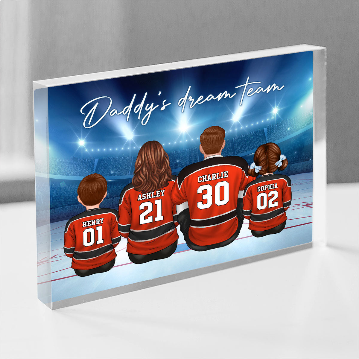 Daddy's Team Hockey Family Sitting Personalized Acrylic Block, Unique Father's Day Gift for Dad, Gift for Husband