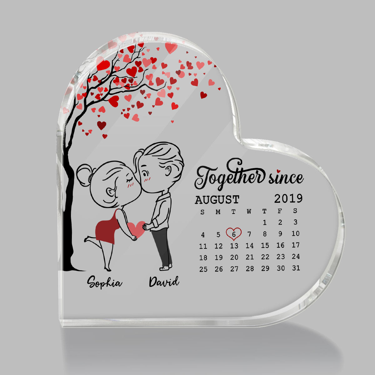 Chibi Couple Outline Calendar Personalized Acrylic Heart Plaque