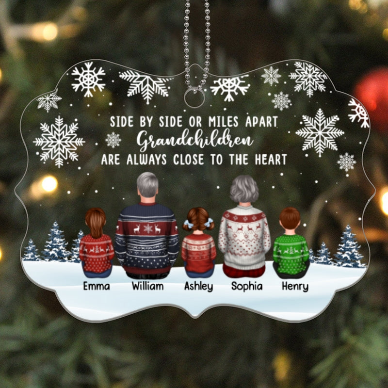 Grandma Grandpa Grandkids Side By Side Snow Background Personalized Acrylic Ornament