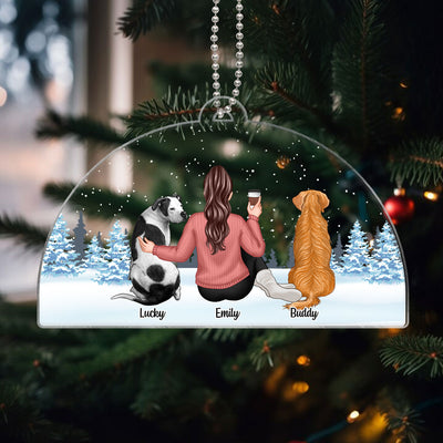 Woman And Dogs Sitting Back View Personalized Acrylic Ornament, Christmas Gift For Dog Mom