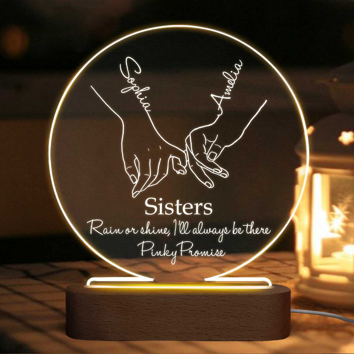 Besties Sister Pinky Promise Personalized Circle Acrylic Plaque With LED Night Light
