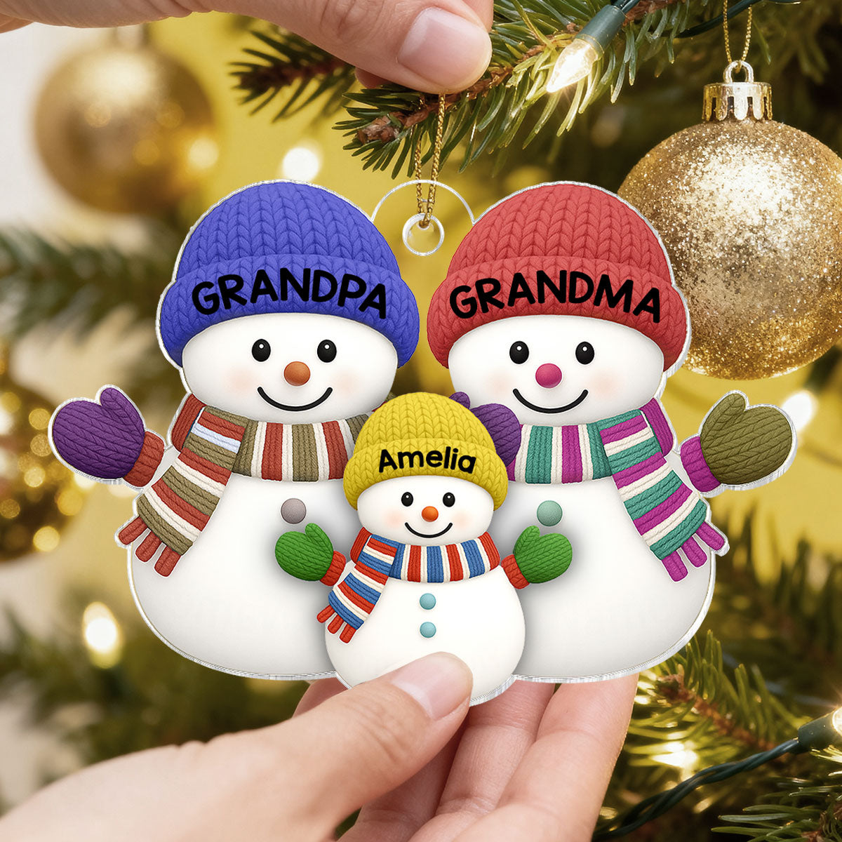 Christmas Grandma Grandpa And Grandkid Snowman Together - Personalized Acrylic Ornament